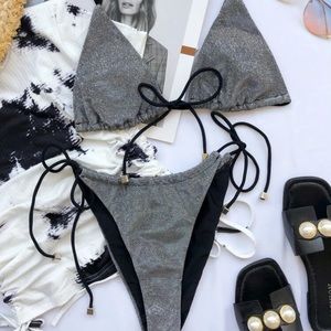 Glitter triangle tie side bikini swimsuit
